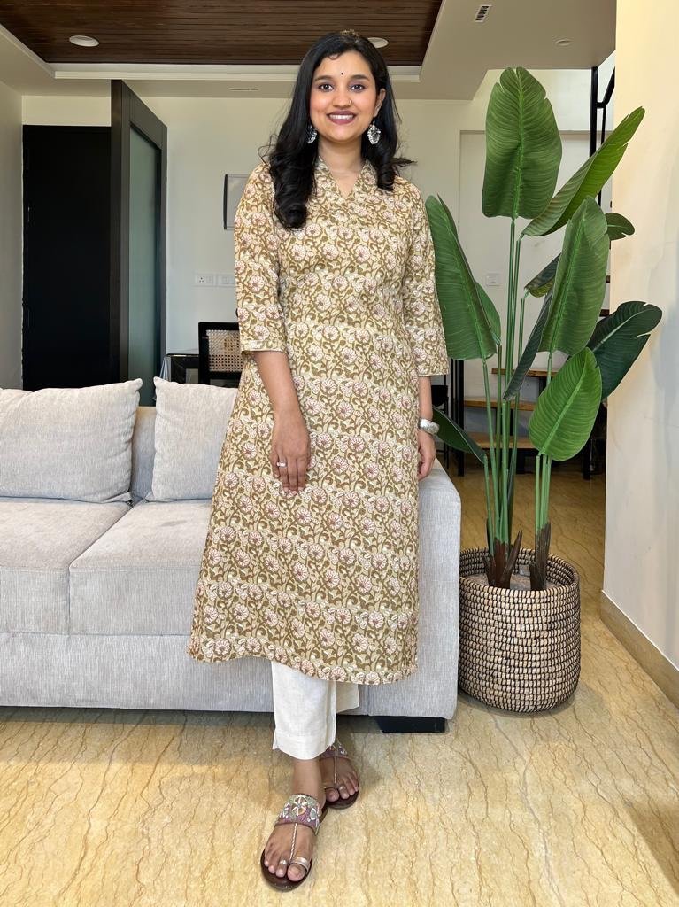 V Neck Cotton Kurta- Earthy Green