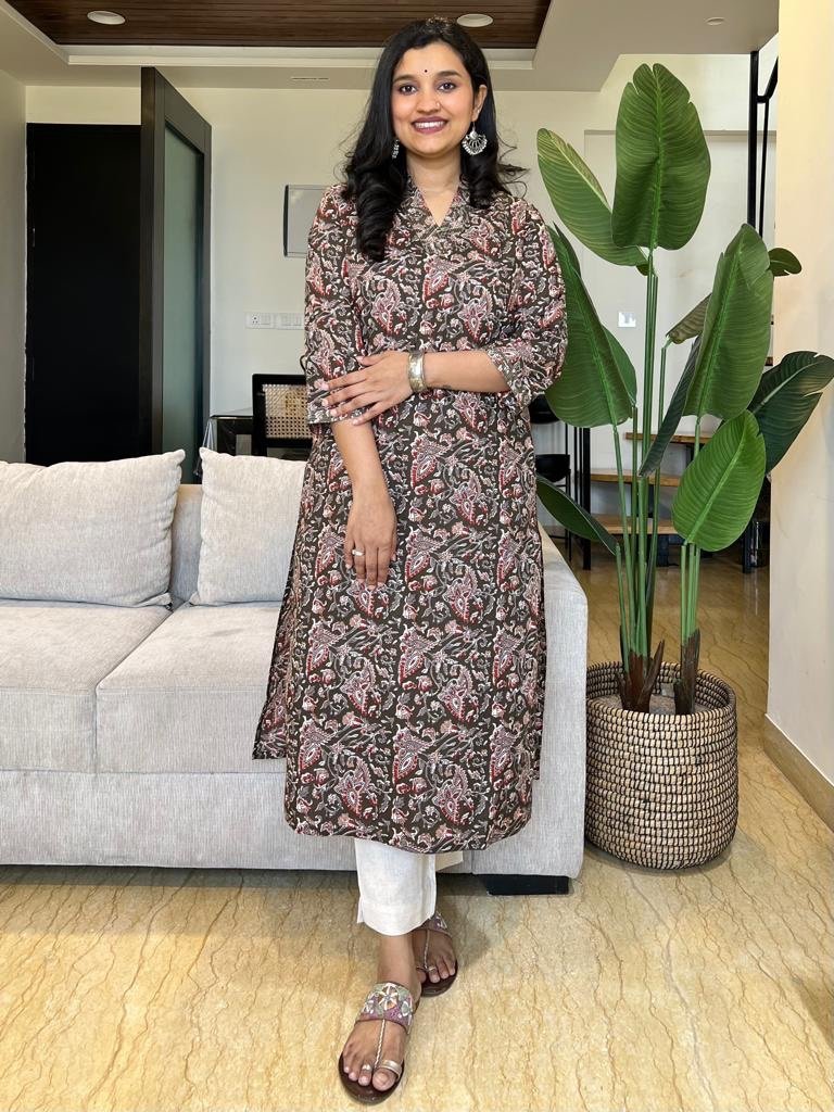 V Neck Cotton Kurta- Olive Green Florals