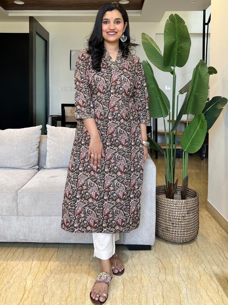 V Neck Cotton Kurta- Olive Green Florals