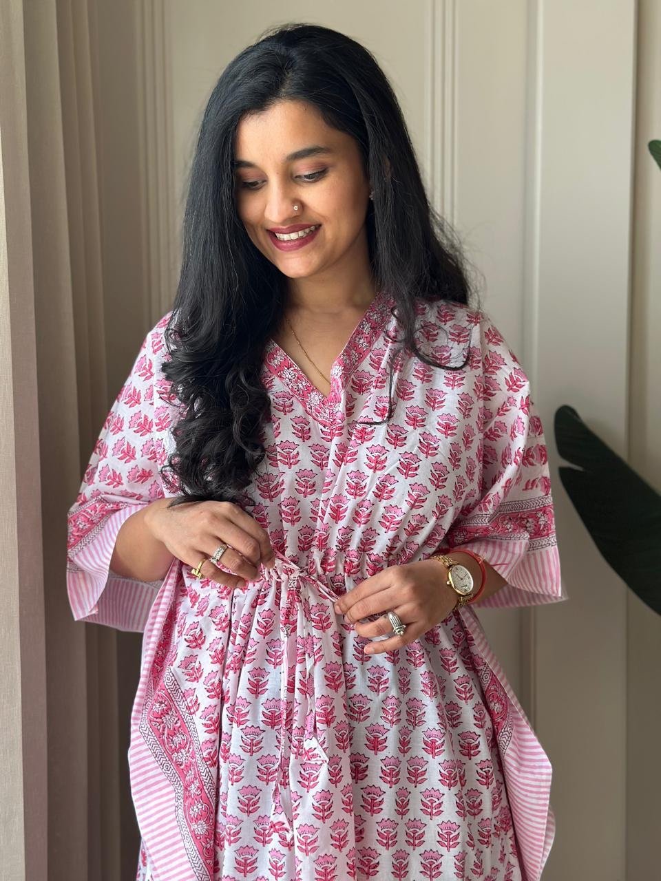 Block Print Cotton Kaftan- Pink Story