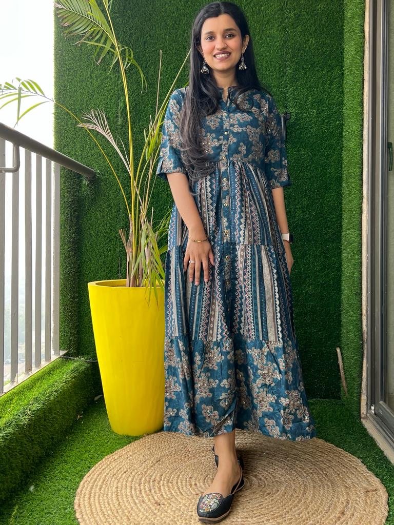 Muslin Tier Dress- Dark Green Mix Motif