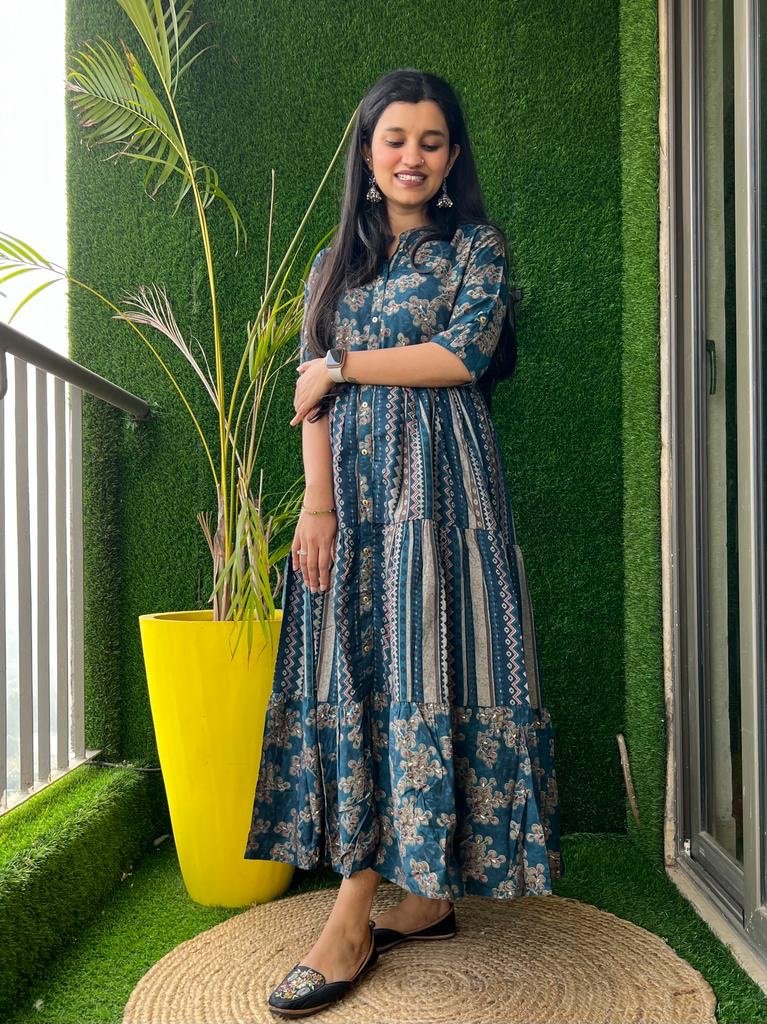 Muslin Tier Dress- Dark Green Mix Motif