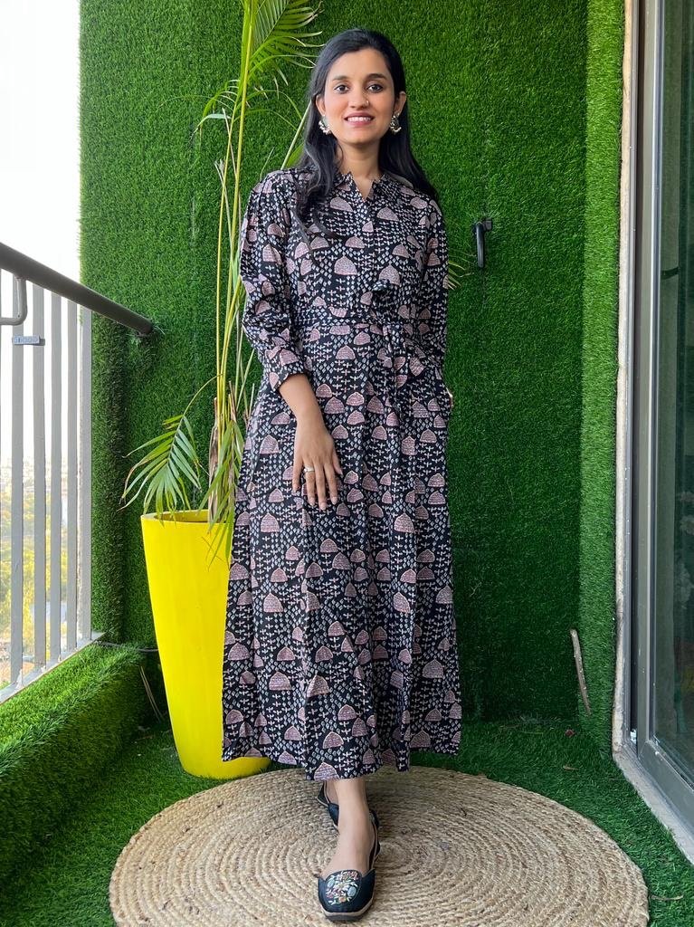 Long Belted Dress- Black bells