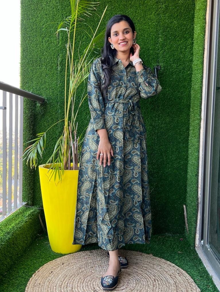 Long Belted Dress- Dark Green Paisley