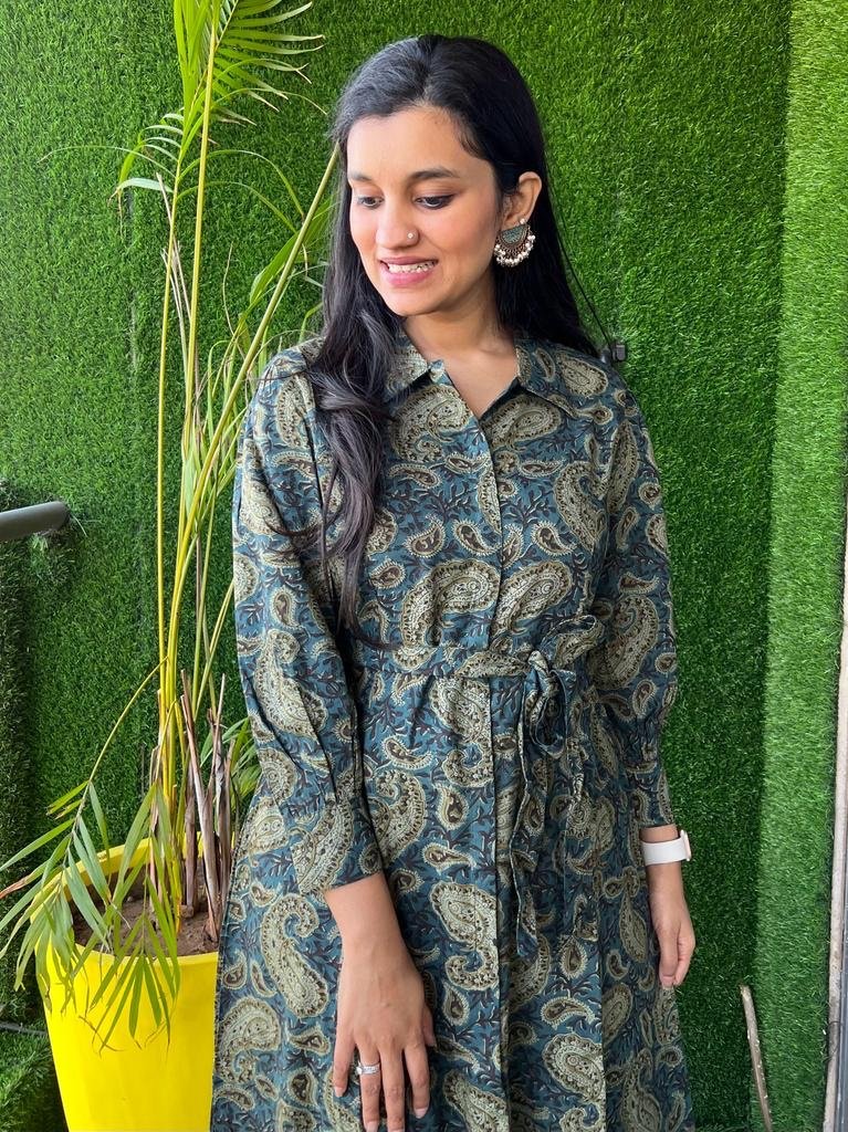 Long Belted Dress- Dark Green Paisley