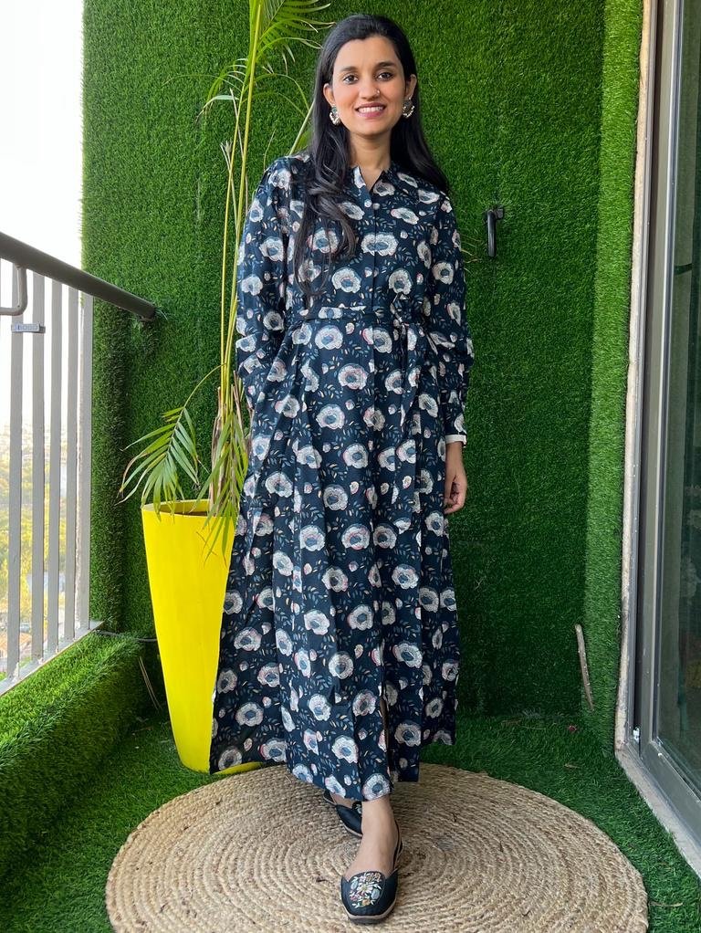 Long Belted Dress- Navy Big Floral
