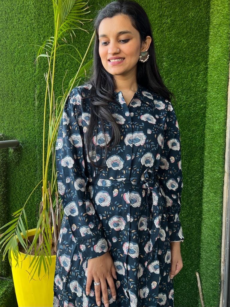 Long Belted Dress- Navy Big Floral