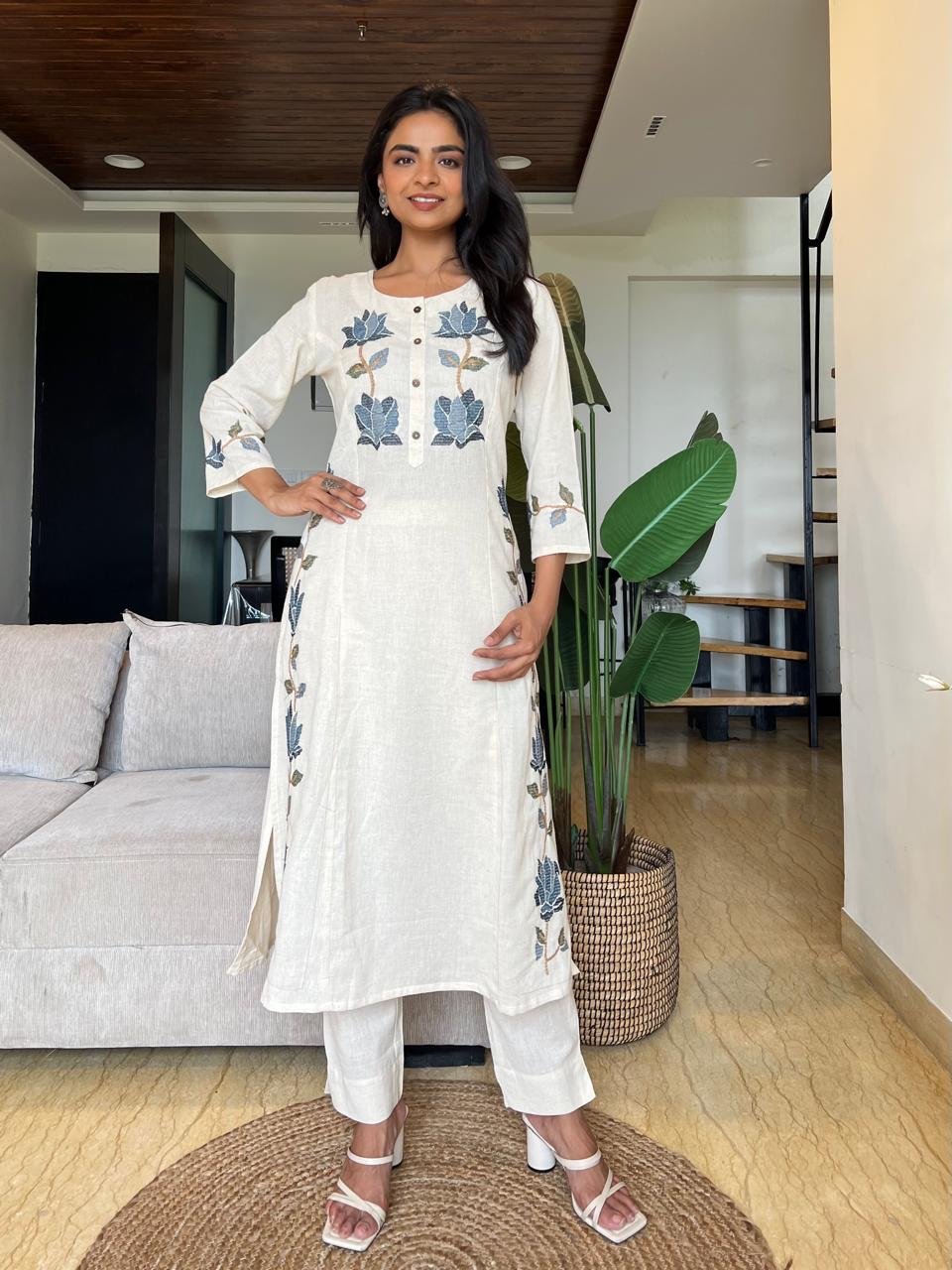 Gul Embroidered Cotton Pant Set- Off White