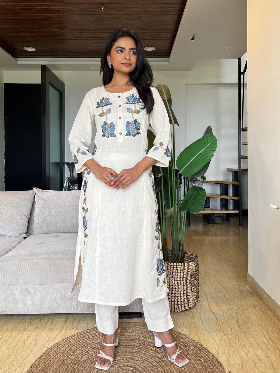 Gul Embroidered Cotton Pant Set- Off White