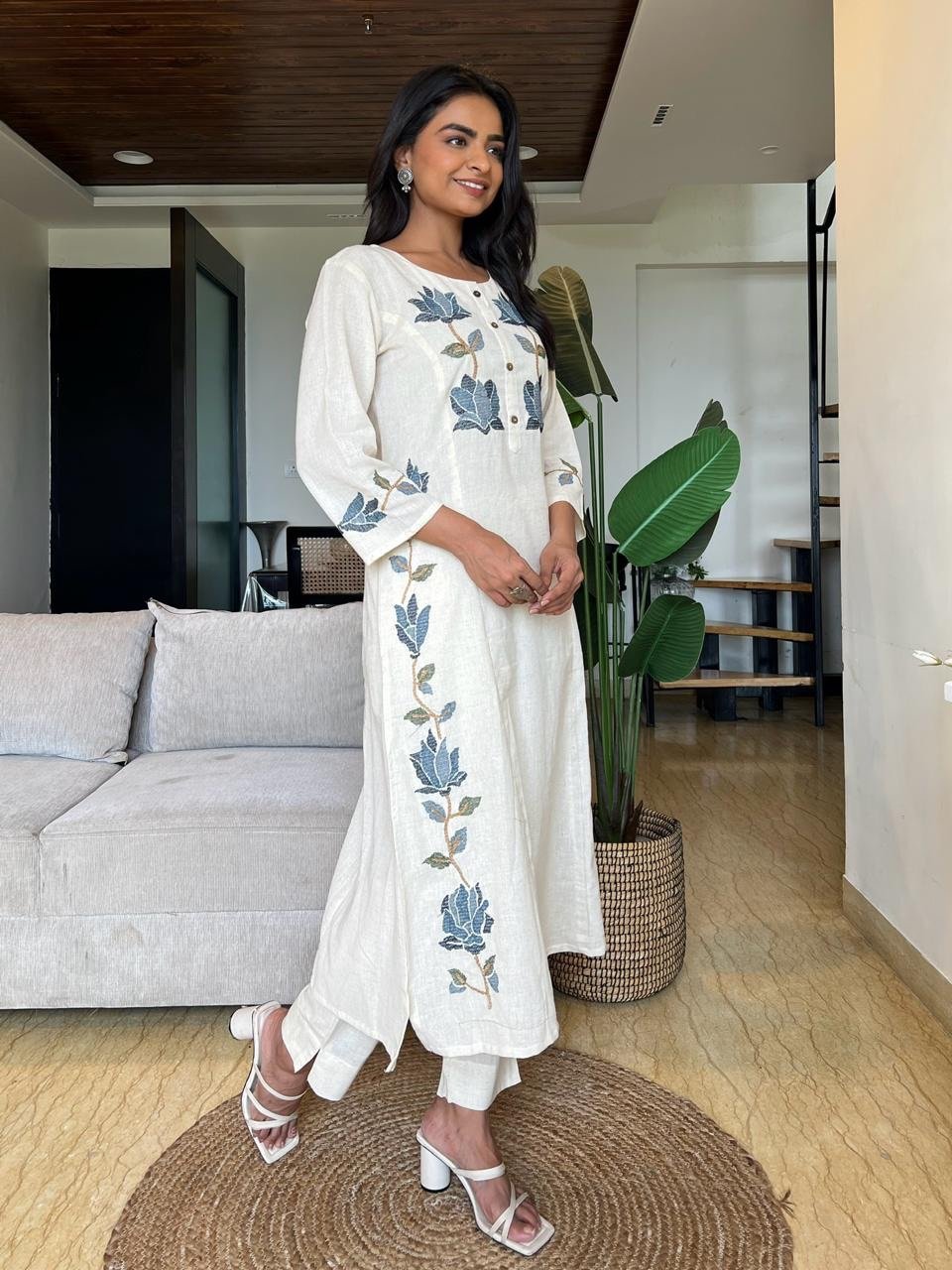 Gul Embroidered Cotton Pant Set- Off White