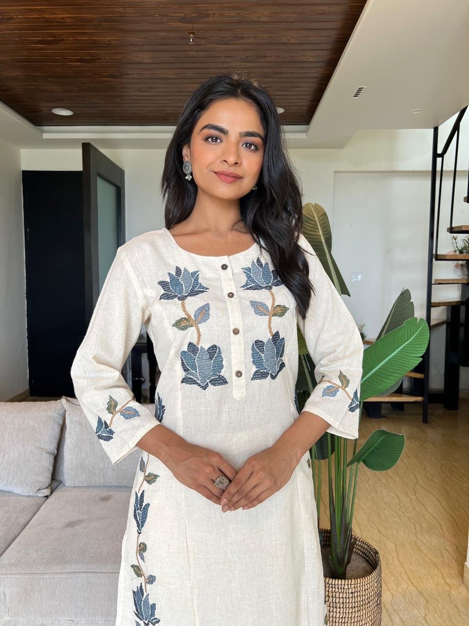 Gul Embroidered Cotton Pant Set- Off White