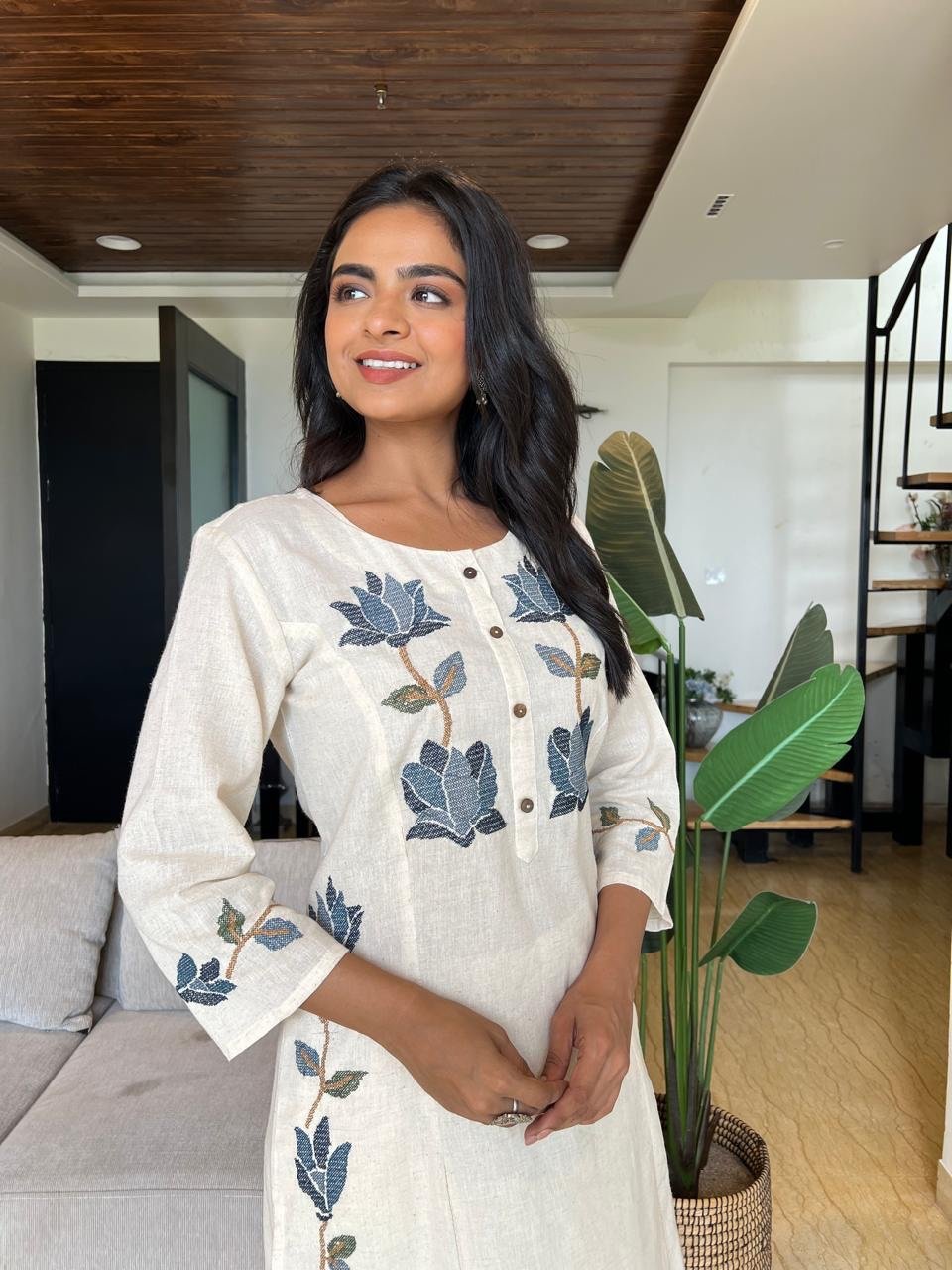 Gul Embroidered Cotton Pant Set- Off White