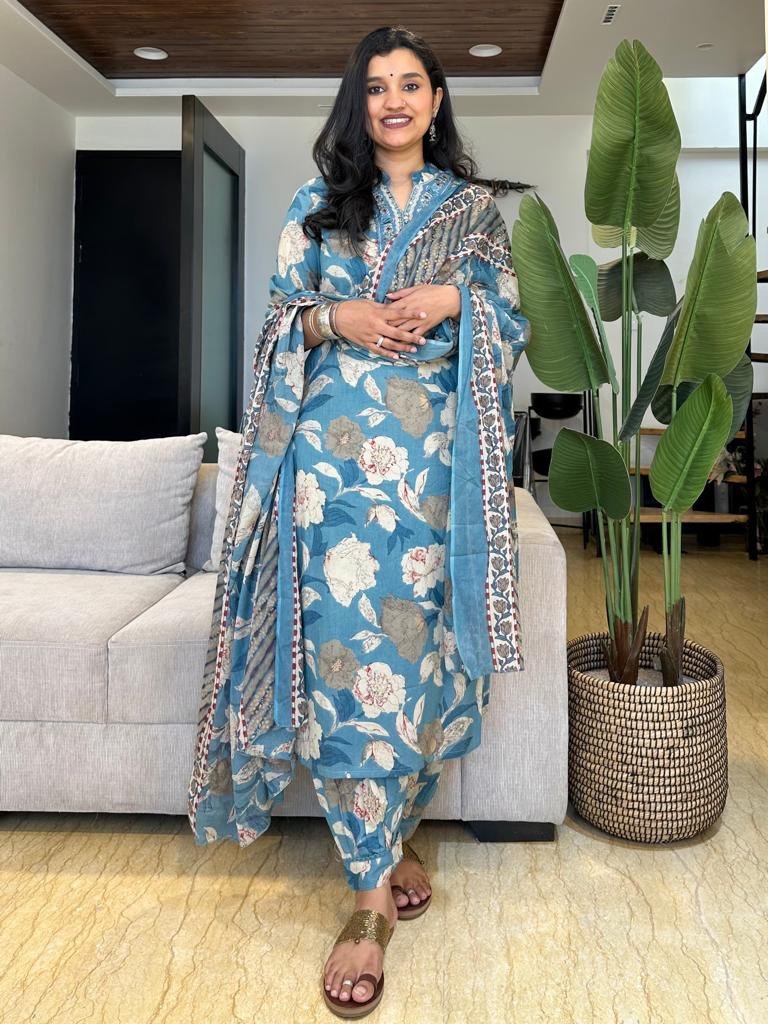 Floral Afghan Cotton Set in Light Blue