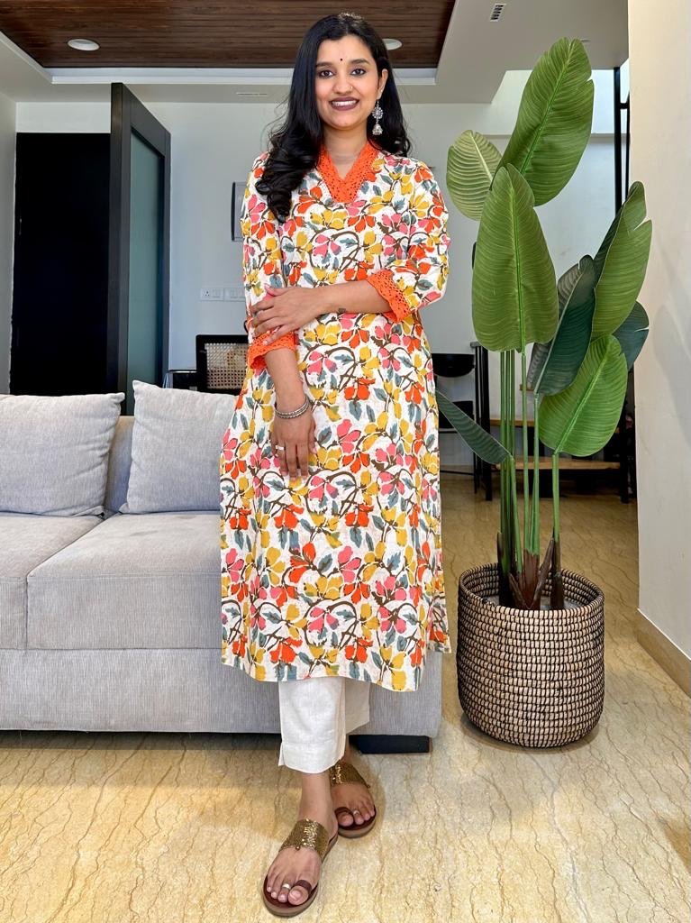 Fancy V-Neck Cotton Kurta- Colorful