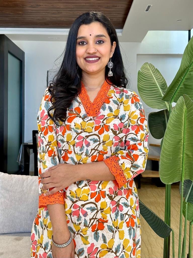 Fancy V-Neck Cotton Kurta- Colorful