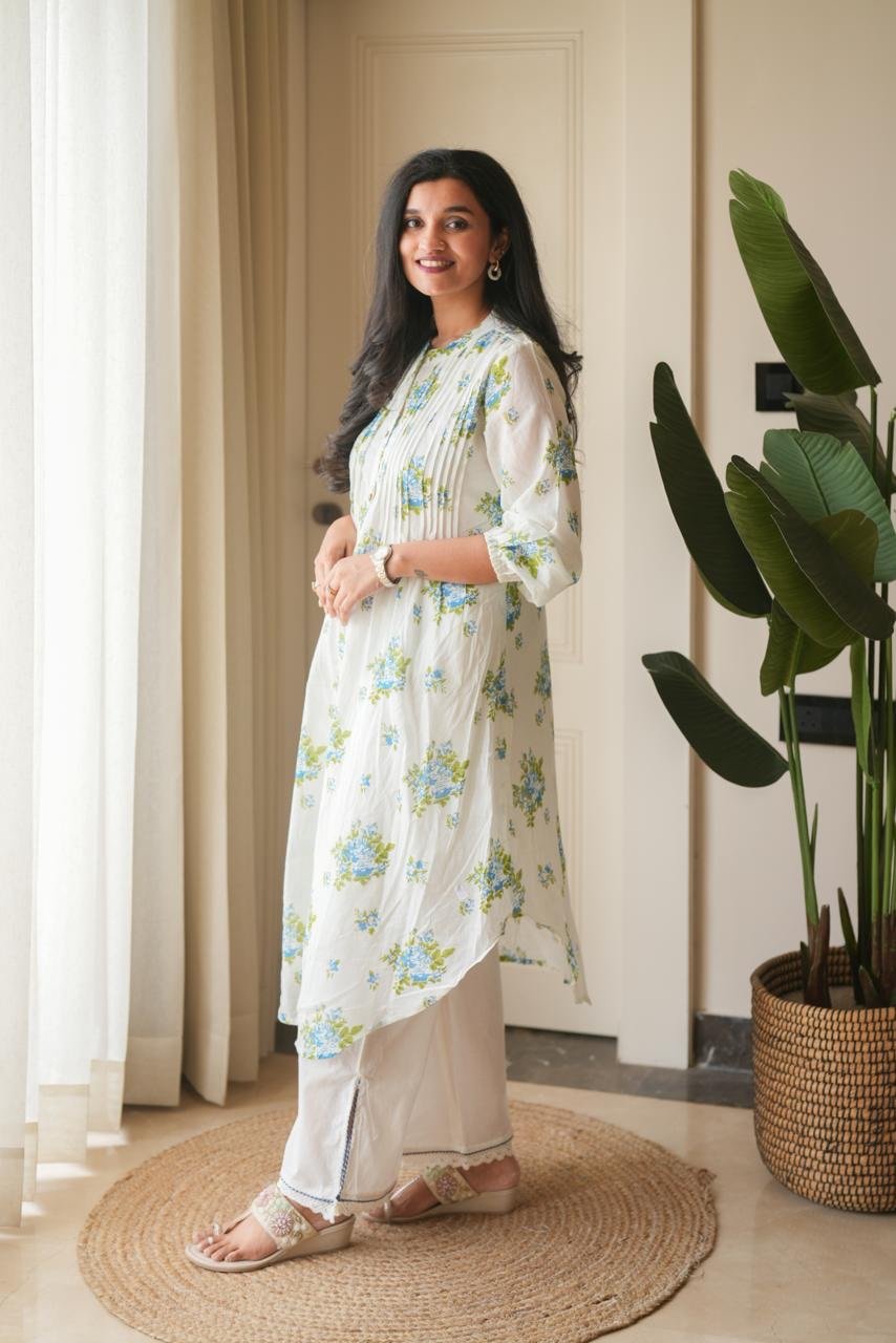 Samika White Mulmul Boota Set- Blue