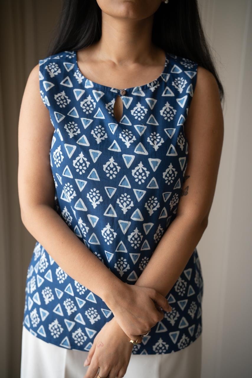 Lily Sleeveless Cotton Top- Indigo