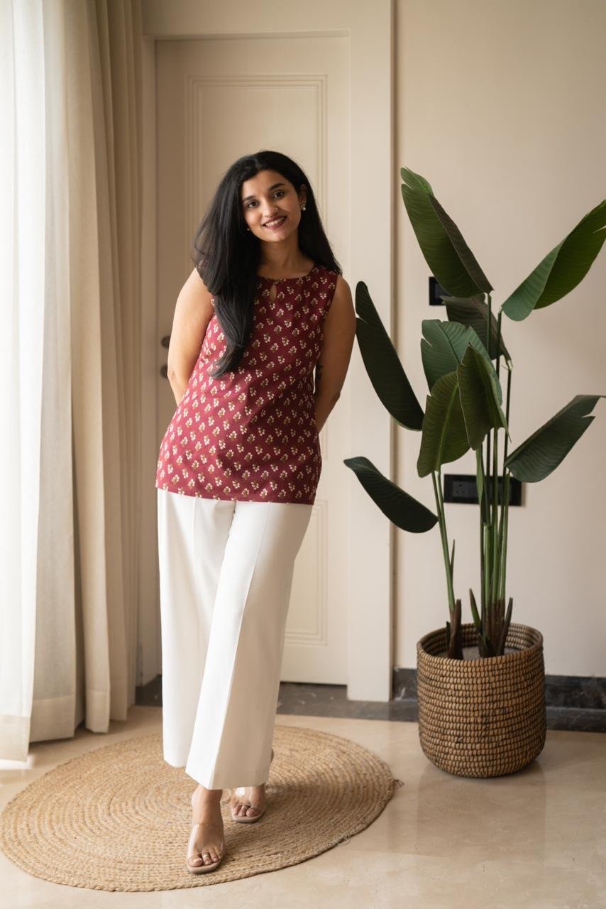 Lily Sleevless Cotton Top- Maroon Booti