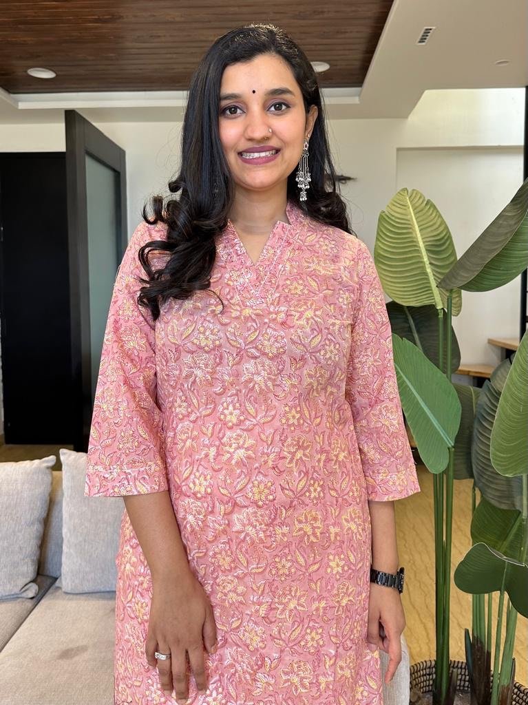 V- Neck Twist Kurta- Pink Floral Jaal