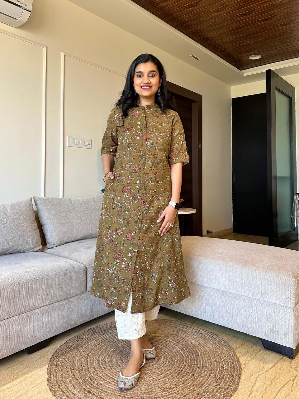 A-line Cotton Kurta- Olive Phool Jaal