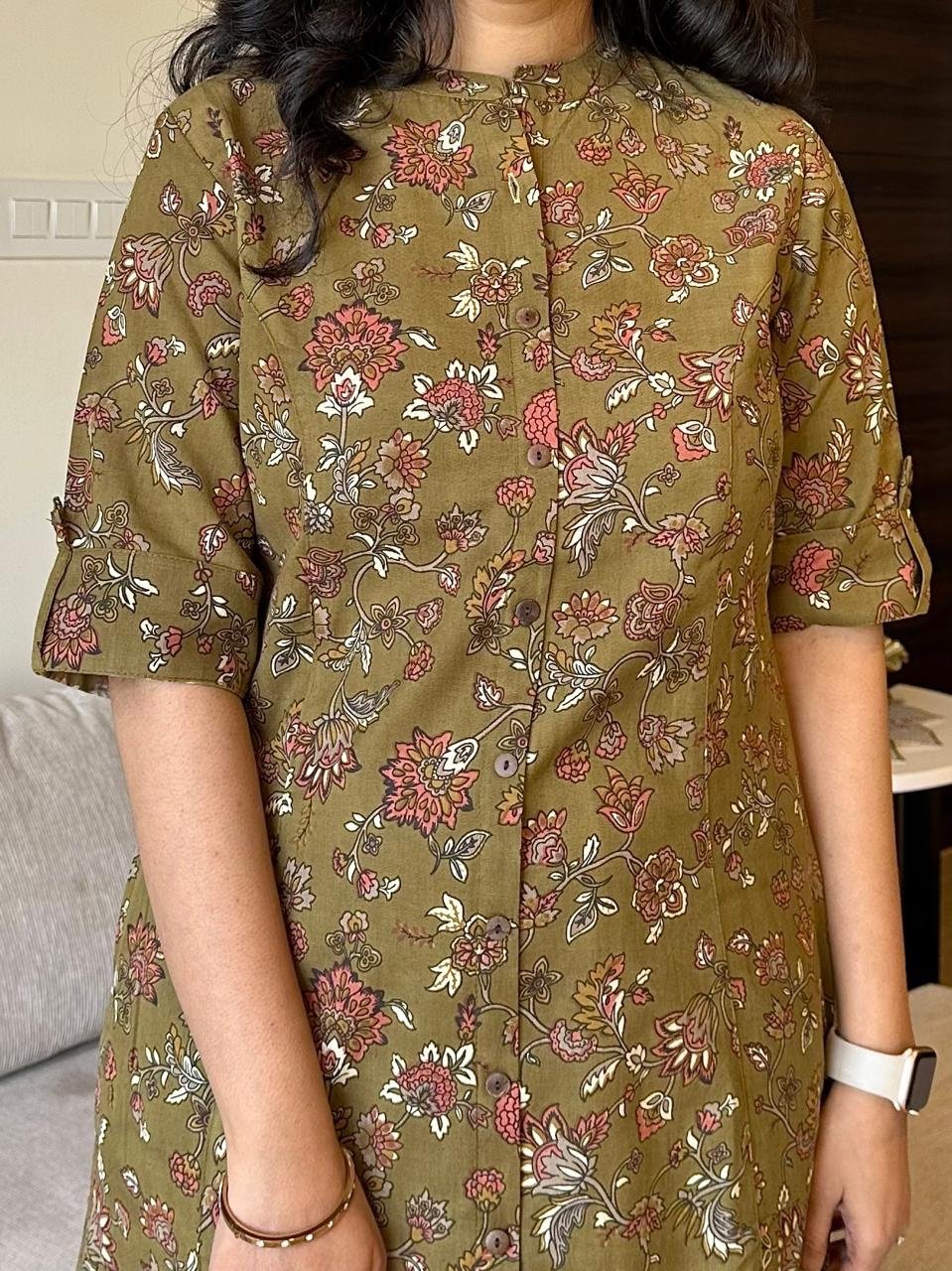 A-line Cotton Kurta- Olive Phool Jaal
