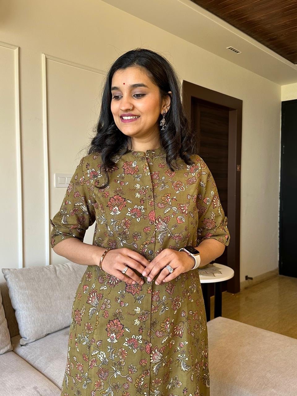 A-line Cotton Kurta- Olive Phool Jaal