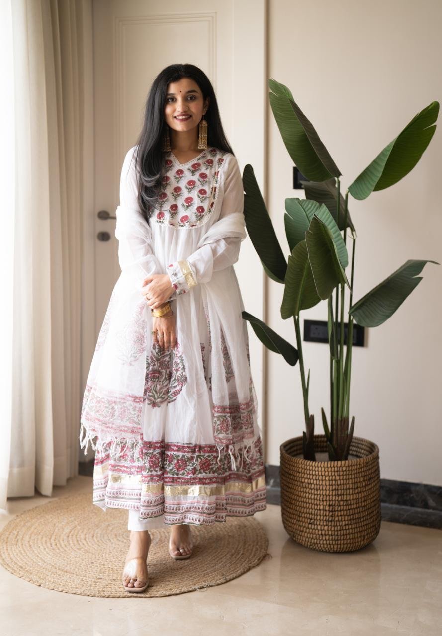 Somya White Boota Anarkali Set