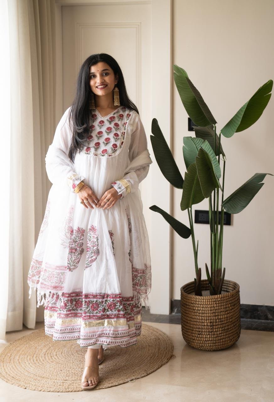 Somya White Boota Anarkali Set