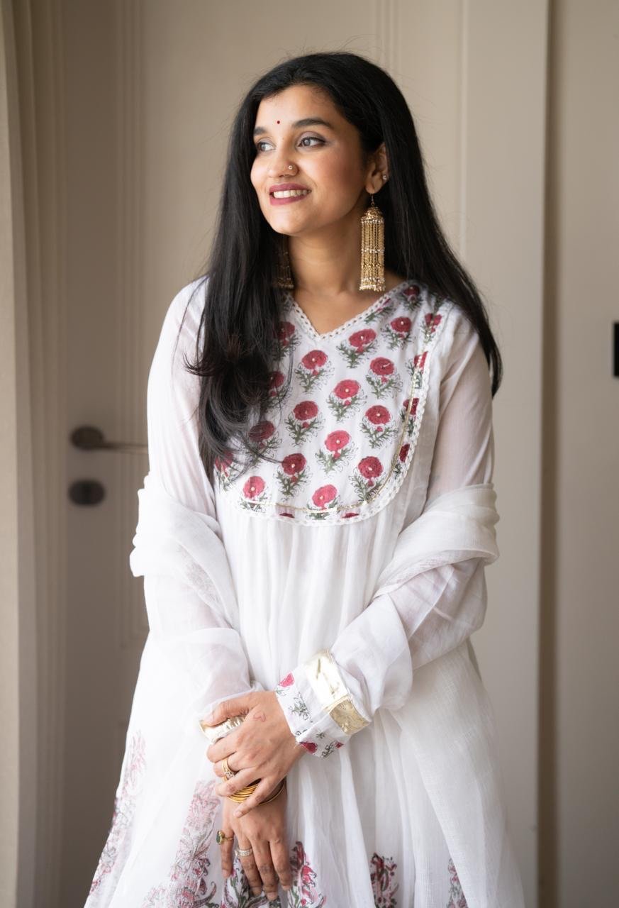 Somya White Boota Anarkali Set
