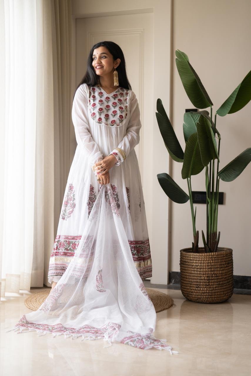 Somya White Boota Anarkali Set