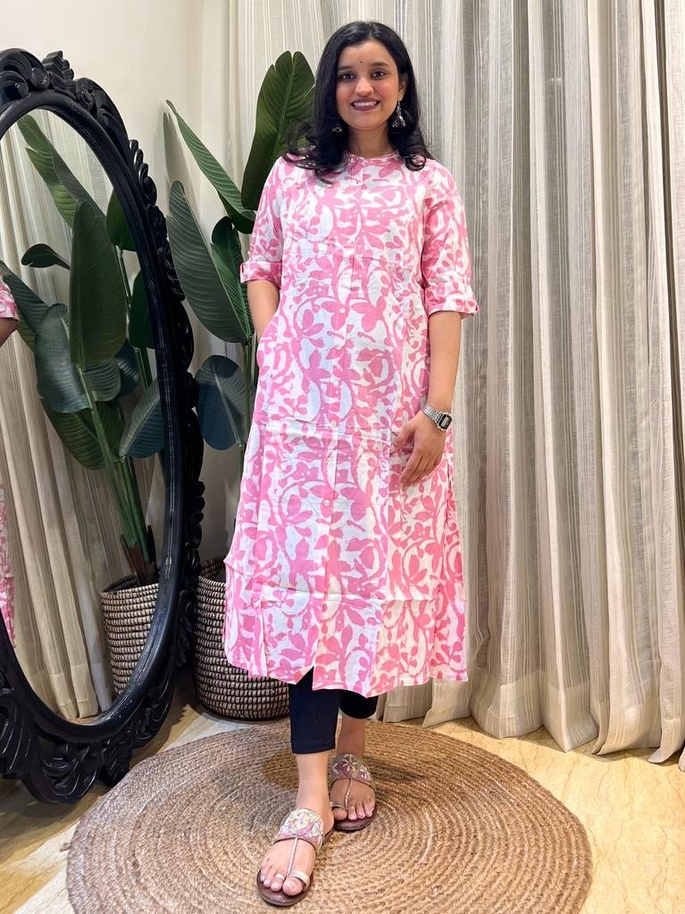 A-line Rayon Kurta- Pink Batik