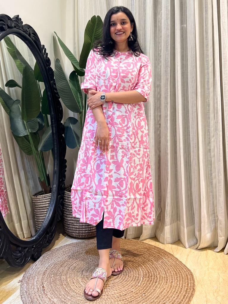 A-line Rayon Kurta- Pink Batik