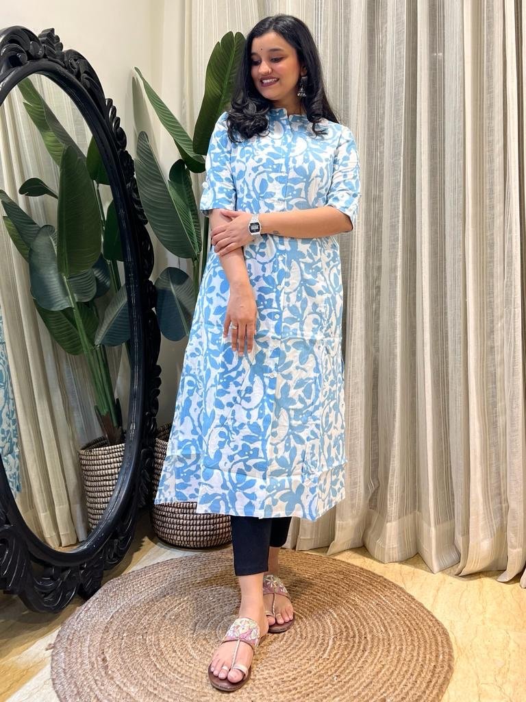 A-line Rayon Kurta- Sky Blue Batik