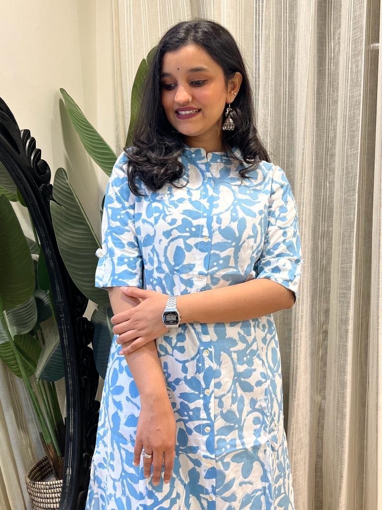 A-line Rayon Kurta- Sky Blue Batik