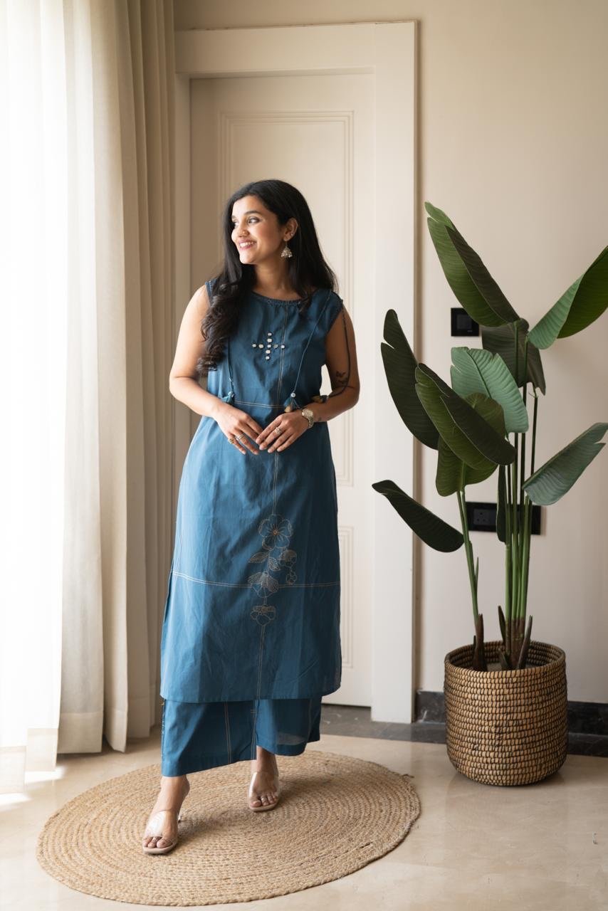 Kisha Sleeveless Cotton Set- Teal
