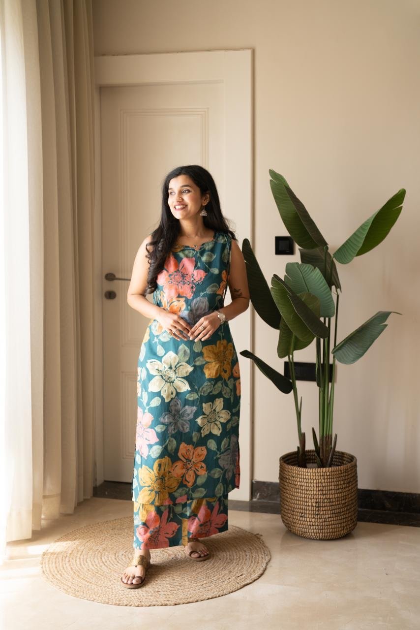 Kisha Sleeveless Cotton Set- Colorful Florals