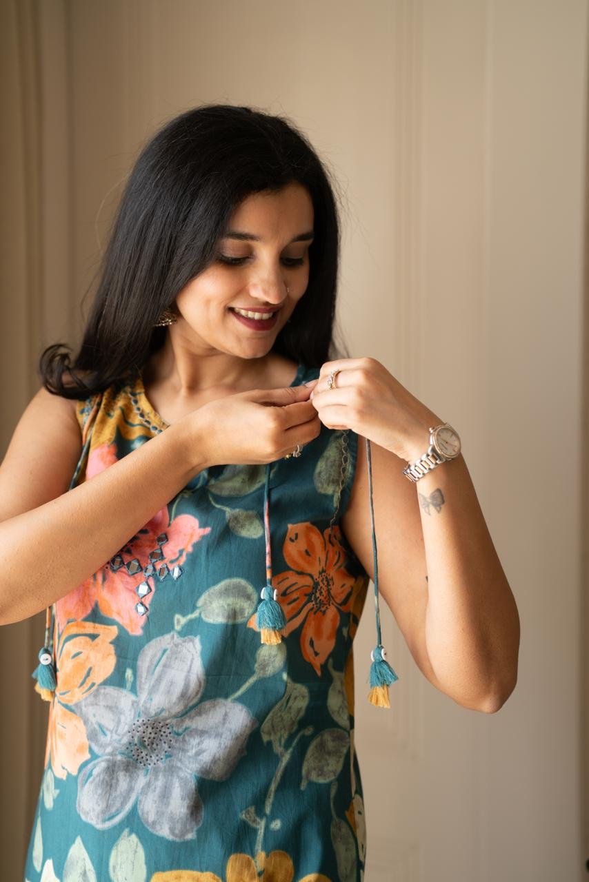 Kisha Sleeveless Cotton Set- Colorful Florals