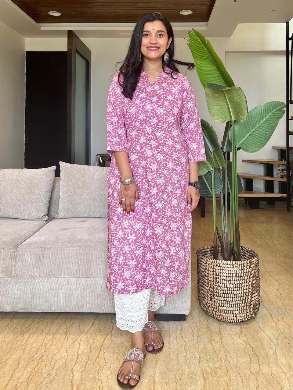 V- Neck Cotton Kurta- Subtle Pink Florals