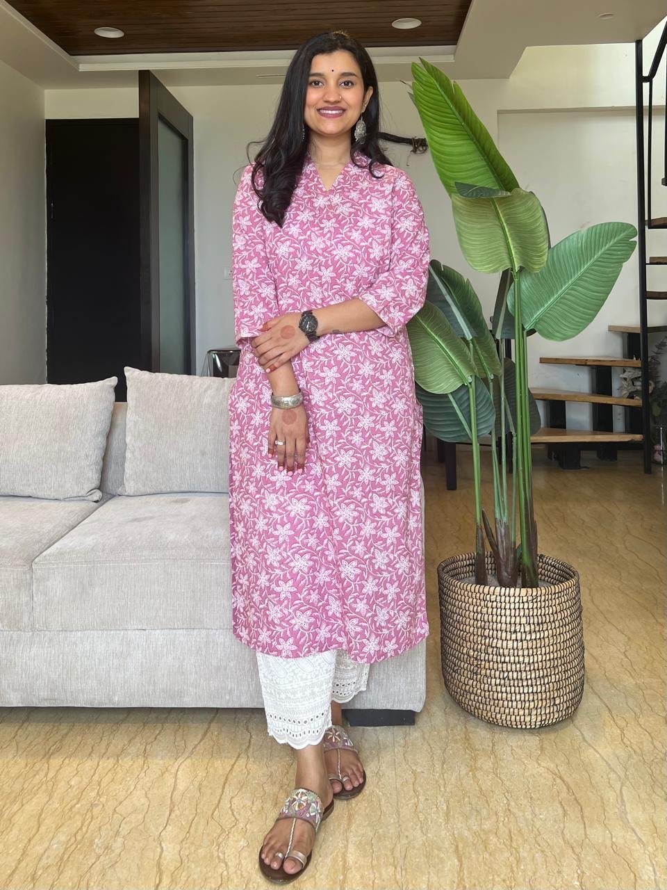 V- Neck Cotton Kurta- Subtle Pink Florals