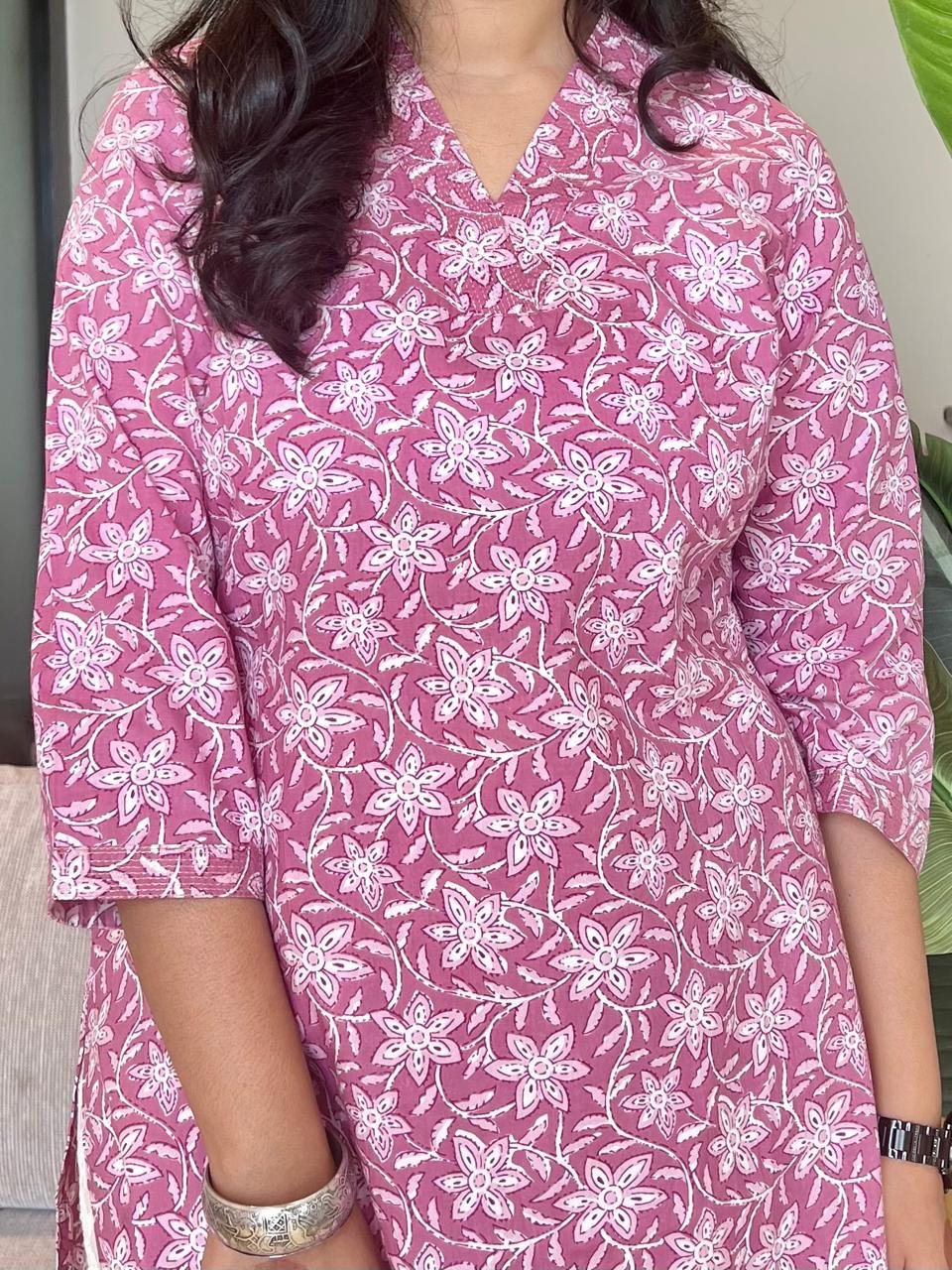 V- Neck Cotton Kurta- Subtle Pink Florals