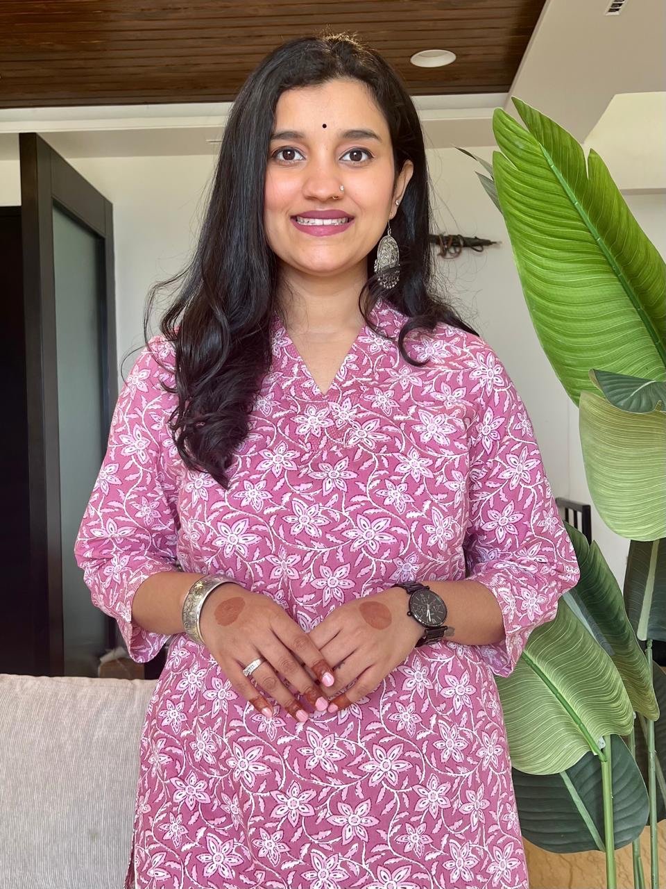 V- Neck Cotton Kurta- Subtle Pink Florals