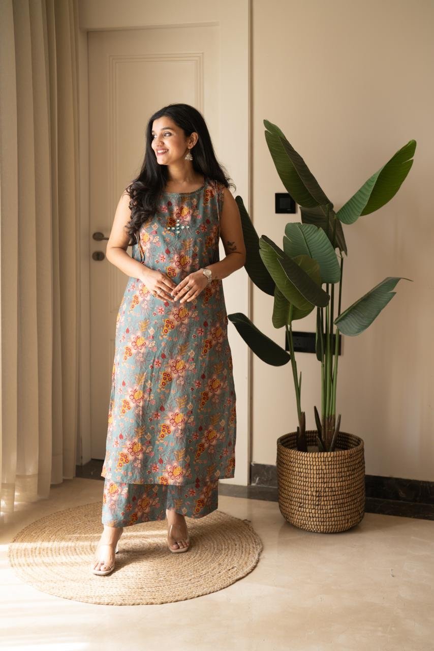 Kisha Sleeveless Cotton Set- Green Florals
