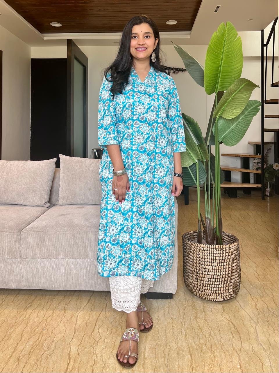 V-Neck Cotton Kurta- Bright Blue Florals