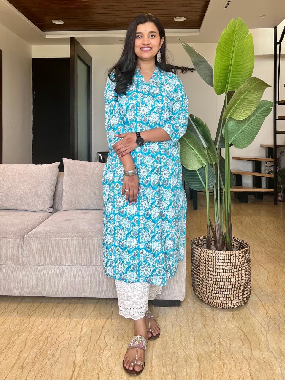 V-Neck Cotton Kurta- Bright Blue Florals