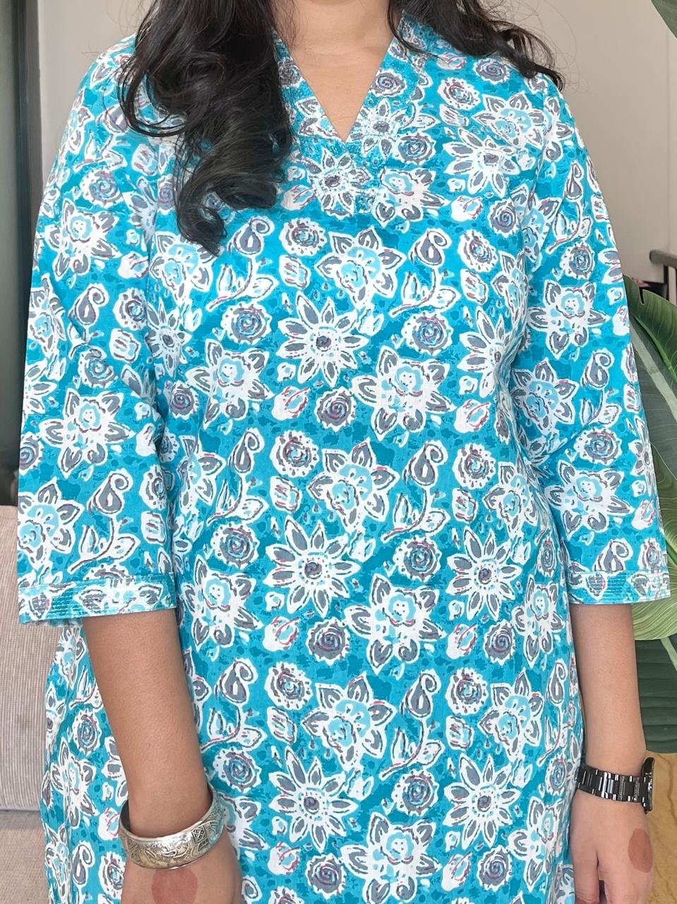 V-Neck Cotton Kurta- Bright Blue Florals
