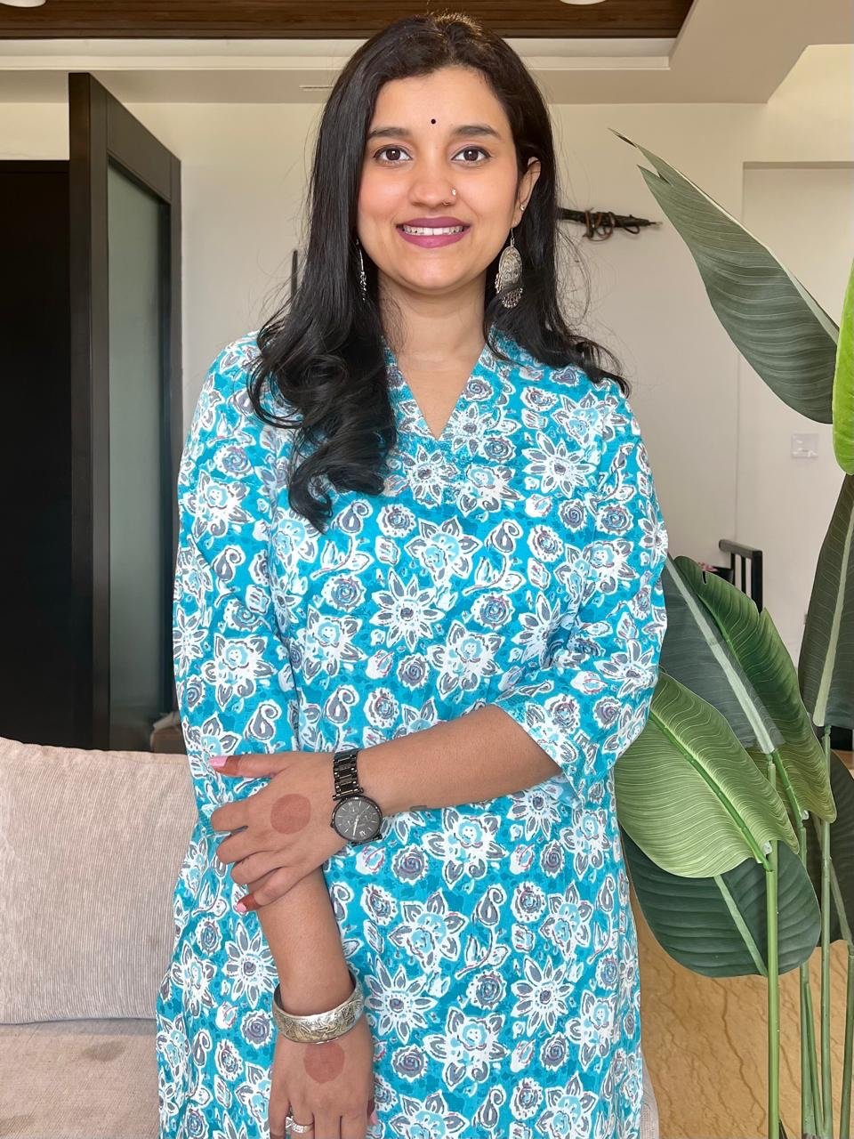 V-Neck Cotton Kurta- Bright Blue Florals