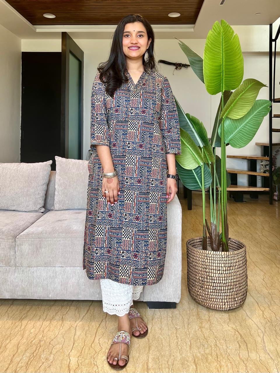 V- Neck Cotton Kurta- Navy Mix Print