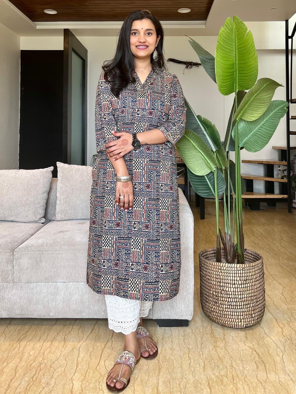 V- Neck Cotton Kurta- Navy Mix Print