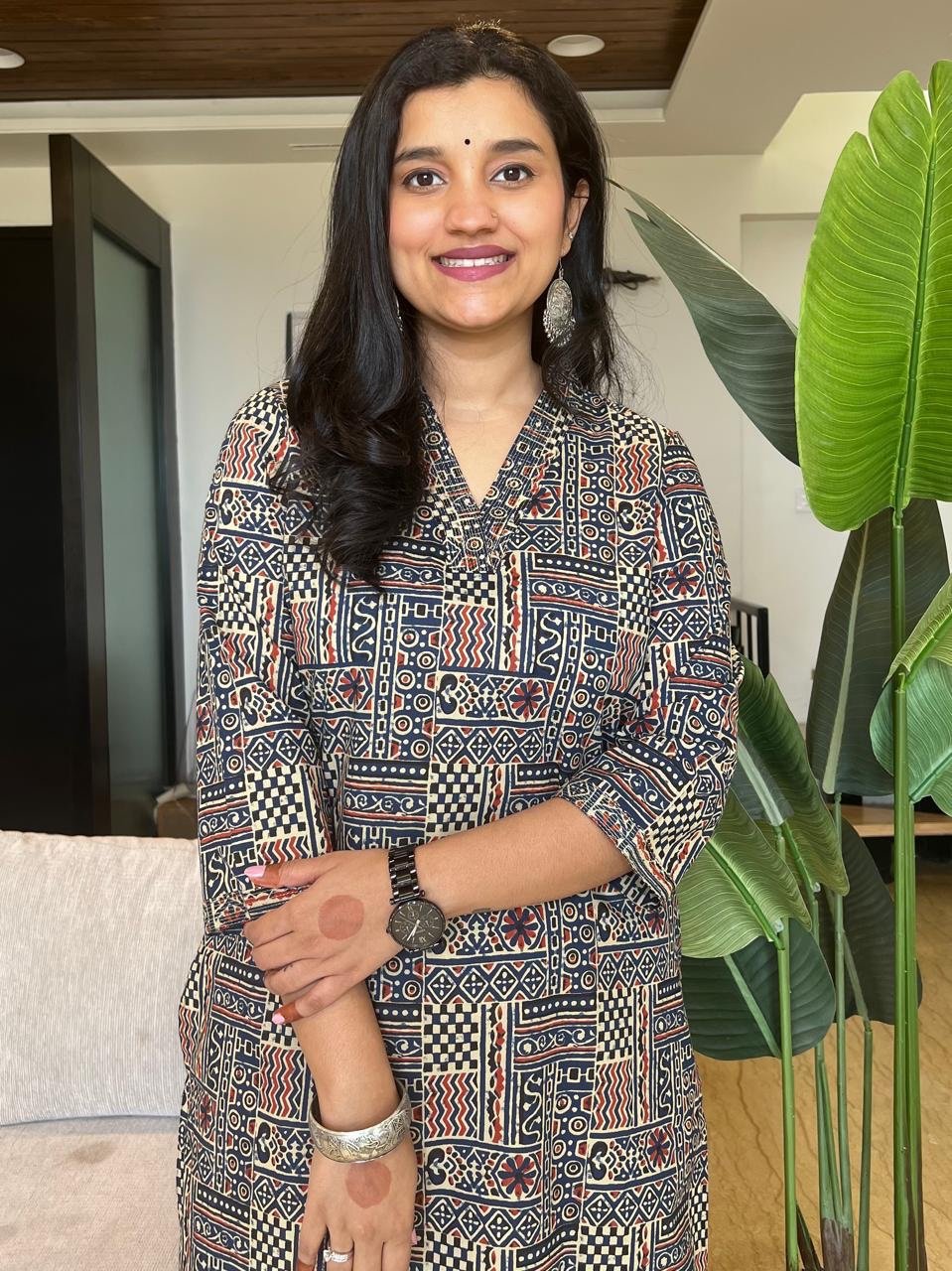 V- Neck Cotton Kurta- Navy Mix Print