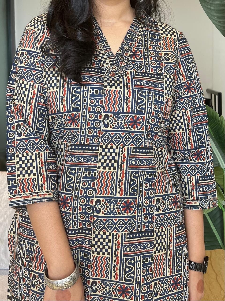 V- Neck Cotton Kurta- Navy Mix Print